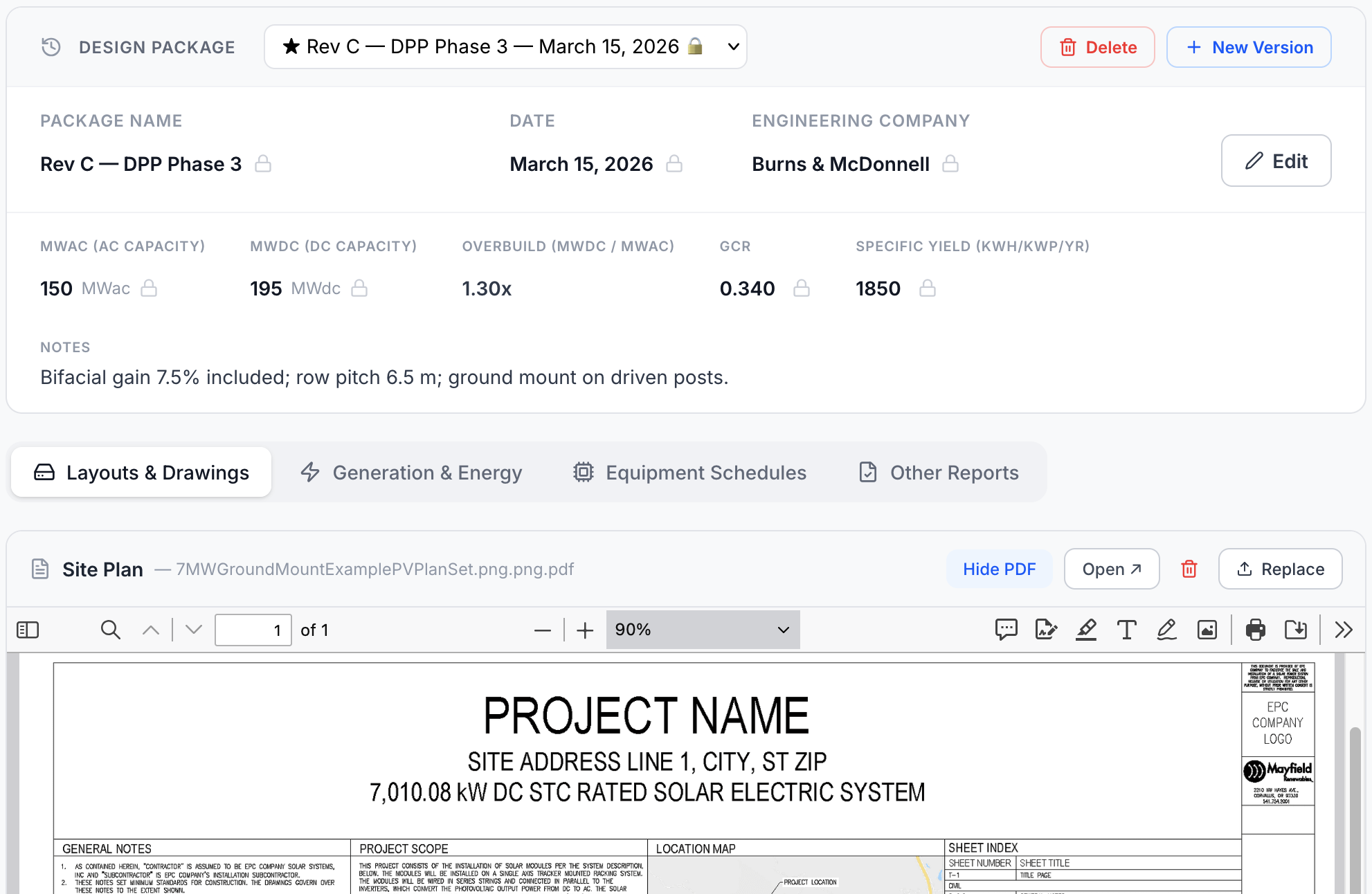 Engineering & Design — versioned design package with site plan PDF preview
